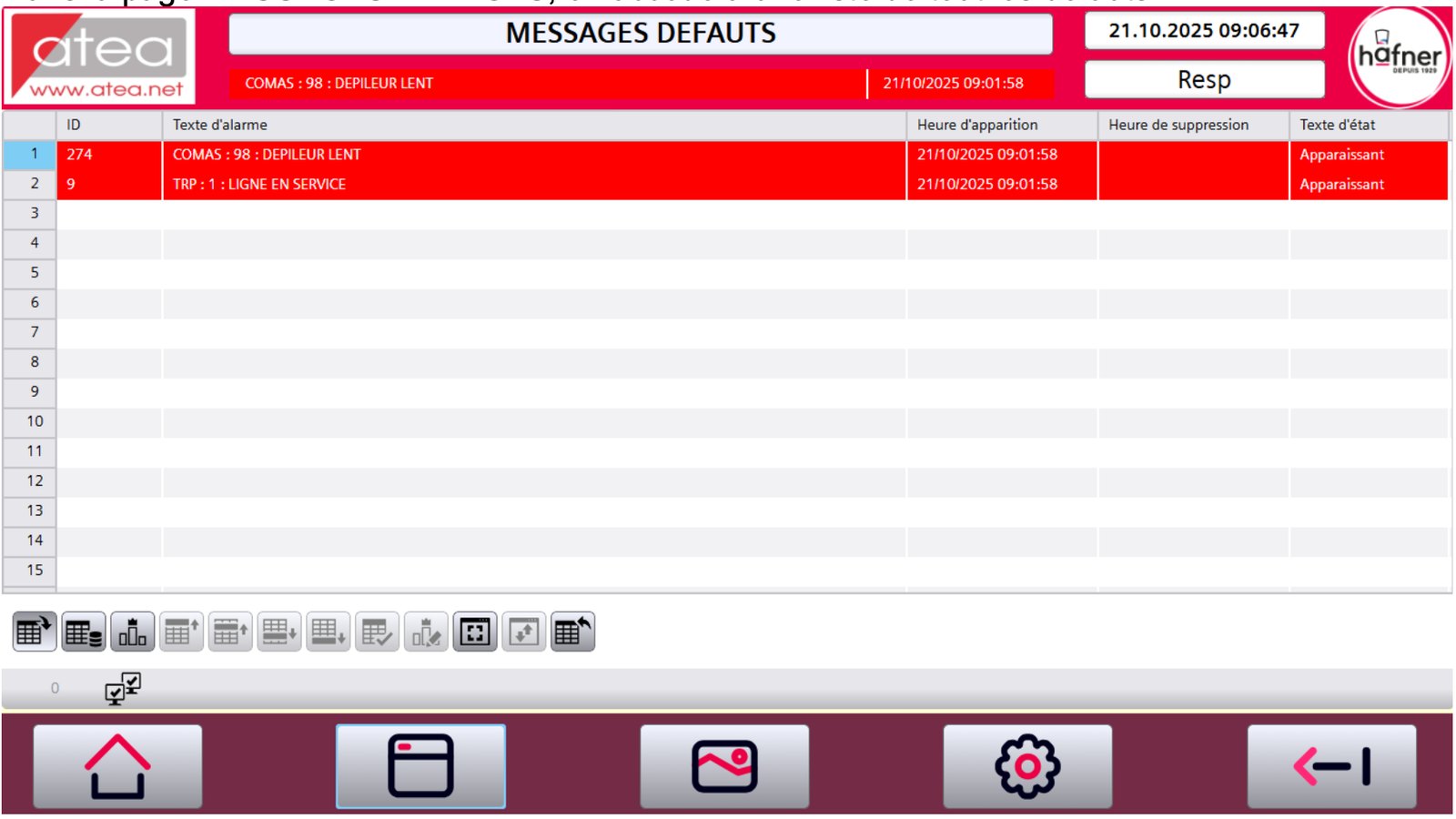 Page des messages de défauts du concentrateur